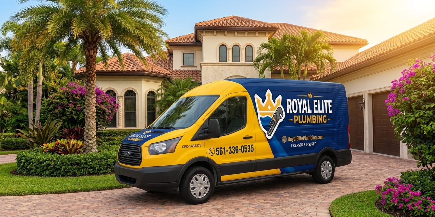 Royal Elite Plumbing service van parked in a Palm Beach County driveway